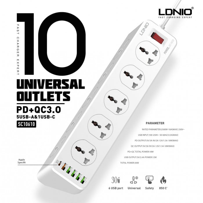 LDNIO SC10610 30W 10 Port + 1PD + 1QC + 4USB Universal Power Socket - Image 2